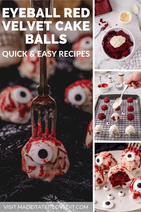 Are you hosting this year’s Halloween party or are you needing to bring a dish to a party and you want to make an impression? These red velvet cake balls will stop everyone in their tracks. Impress your guest with this extreme dessert that will only take you 90 minutes to put together. Talk about a statement piece everyone will be questioning whether or not these eyeballs are real. Eyeballs will be the perfect party favor for all your guests. Try them out for yourself! Brownie Eyeballs, Eyeball Cake Balls, Red Velvet Halloween, Eyeball Cake Pops, Red Velvet Cake Balls, Spooky Cake, Cake Ball, Red Velvet Cake Recipe, Cake Cover