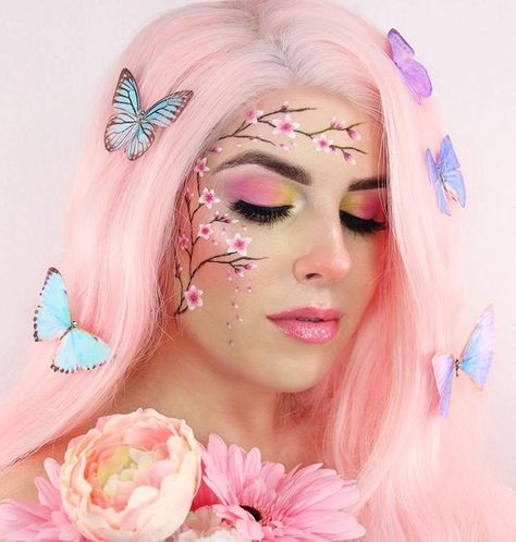 🌸🦋 Cherry blossom 🦋🌸. Loved how my look for the #ABHSpringRolls collab turned out, I’m so proud of it! Swipe for a detailed close up 💕. .… Cherry Blossom Makeup Look, Flower Sfx Makeup, Cherry Blossom Makeup, Valentines Sfx Makeup, Blossom Makeup, Pink Butterfly Makeup Look, Graphic Makeup, Bold Makeup, Spring Makeup