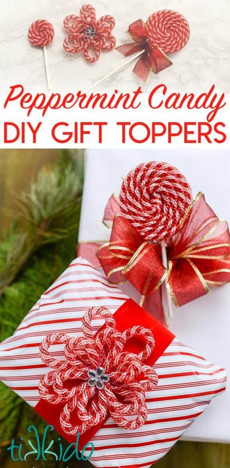 Peppermint Ribbon Candy Gift Toppers Peppermint Candy Crafts Easy Diy, Mesh Tubing On Christmas Tree, Mesh Tube Crafts Christmas, Diy Gift Toppers Christmas, Mesh Tubing Crafts Diy, Mesh Tube Ideas, Mesh Tube Crafts, Mesh Tubing Crafts, Diy Peppermint Candy Decorations