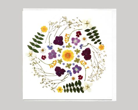 Pressed flower card, Midsummer Mandala, Print, Hydrangea, Primrose, Baby breath, Forget me not, Verbena, Philadelphus, Corydalis, Botanical Mandala Card, Botanical Wreath, Good Luck Cards, Baby Breath, Hydrangea Purple, Print Greeting Cards, Flower Card, Pansies Flowers, Mandala Print