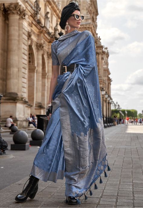 Woven Satin Silk Saree in Light Blue Kurta For Wedding, Saree Kurta, Saree Shoot, Saree Drapes, Bengali Culture, Saree Drape, Ethnic Saree, Satin Silk Saree, Draping Styles