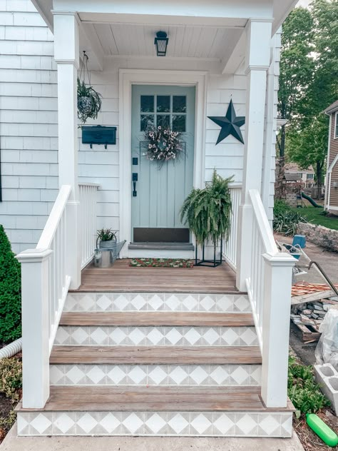 Cottage Steps Entrance, Tile Front Steps, Tiled Outdoor Steps Front Porches, Porcelain Front Door Step, Tiled Front Steps, Front Yard Stairs, Outdoor Stair Tiles Front Steps, Tile Stairs Outdoor Front Steps, Tiled Front Door Step