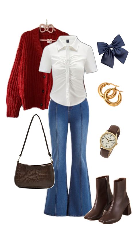 Autendo red sweater, coquette, flared jeans, white shirt, brown ankle boots, brown purse Brown Boots Outfit Ankle, Flare Jeans Outfit Winter, Brown Ankle Boots Outfit, Ankle Boots Outfit, Red Sweater Outfit, Brown Boots Outfit, Flare Jeans Outfit, Collage Outfits, Boots Outfit Ankle