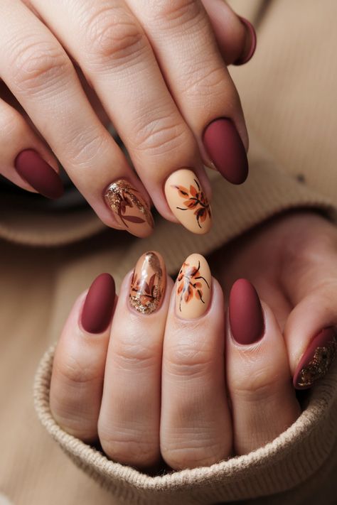 Embrace the enchanting colors of autumn with these beautiful oval fall nail ideas! Picture your nails painted in warm shades of burnt orange and deep burgundy, enhanced with delicate gold leaf accents. This cozy style is perfect for those crisp fall days, capturing the essence of the season in an elegant shape. Get inspired to transform your nails into a seasonal masterpiece! Nails Painted, Fall Nail Ideas, Colors Of Autumn, Cozy Style, Fall Days, Deep Burgundy, Cozy Autumn, Fall Nail, Nail Paint