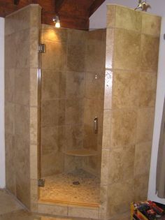 I'm way into the neo shower idea Corner Doorless Showers Walk In, Corner Showers, Bathroom Shower Ideas, Shower Renovation, Custom Tile Shower, Tile Color, Shower Enclosures, Stop Shopping, Luxury Shower