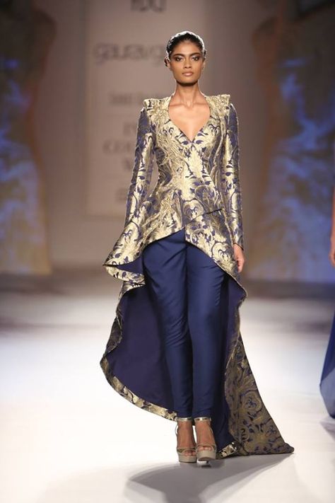 Gaurav Gupta at India Couture Week 2014 - blue fusion pants suit Indian Wedding Guest Dress, Classy Couture, Eastern Fashion, Gaurav Gupta, Stitching Ideas, Salwar Kamiz, 21st Dresses, Indian Couture, Indian Clothes