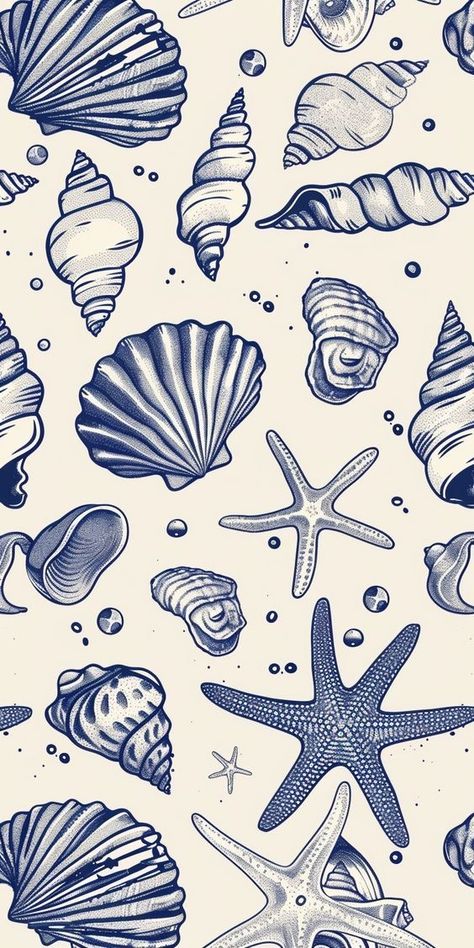 Beach Theme Phone Wallpaper, Cool Summer Wallpapers, Shell Pattern Design, Summer 2024 Wallpaper, Blue Seashell Wallpaper, Phone Themes Beach, Cute Summer Phone Wallpapers, Summer Wallpaper Drawing, Beach Design Illustration