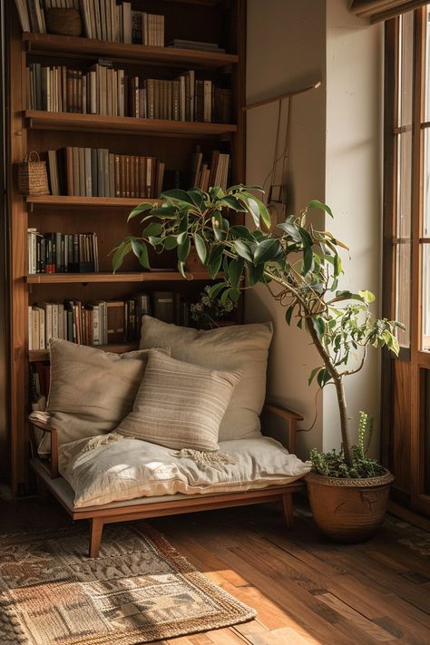 Simple Room Ideas Minimalism, Simple Bookshelves, Soulful Simplicity, Cottagecore Apartment, Minimal Boho Decor, Luxury Moodboard, Comfy Cottage, Wabi Sabi Home, Seating Nook