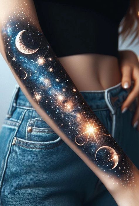 Half Sleeve Space Tattoos, Galaxy Tattoo Ideas Universe, Space And Stars Tattoo, Cute Tattoos For Women Simple, Galaxy Tattoo Back, Stars In The Sky Tattoo, Galaxy Arm Tattoo, Galaxy Sleeve Tattoos For Women, Star Galaxy Tattoo