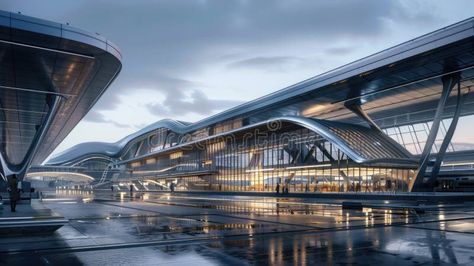 Futuristic airport terminal with sleek design and efficient transportation technology AIG59 stock images Futuristic Airport, Modern Skylights, Architecture Design Presentation, Transportation Technology, Airport Terminal, Airports Terminal, Design Presentation, Futuristic Design, Presentation Design