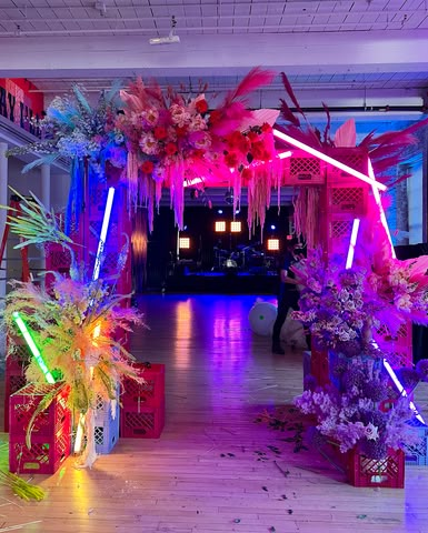 Neon Event Decor, Event Entrance Decor, Party Entrance Decoration, Neon Beach, Event Entrance, Corporate Event Design, Neon Jungle, Party Entrance, Diy Event