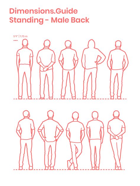 Collection of humans, men in particular, standing in back profile with various postures and stances. The average height of this casual group of males is set at 5’9” | 1.75 m. Both outlined and detailed silhouettes are available for adding human scale to drawings. Man From Back Drawing, Man Side Profile Full Body Drawing, Person Standing Side View Drawing, People From Behind Reference, Side Profile Drawing Full Body Male, Back Profile Drawing, Person Standing Drawing, Man Back Drawing, A Man Standing Drawing