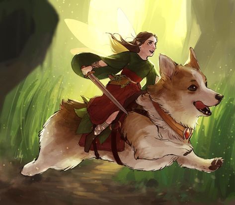 According to Welsh folklore, fairies would ride corgi dogs into battle. You know I absolutely HAD to draw it out. - #nationbeingthing… Folklore Fairies, Corgi Breeds, Paw Wallpaper, Corgi Drawing, Corgi Dogs, Corgi Art, Fairy Friends, Herding Dogs, Cute Corgi