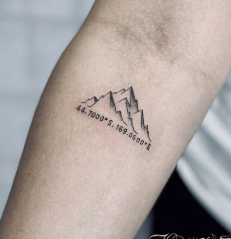 Idaho Inspired Tattoo, Mountain With Words Tattoo, K2 Mountain Tattoo, Matching Tattoos Mountains, Mountain Coordinates Tattoo, Simple Colorado Tattoo, Mountain Tattoo With Coordinates, Go Rest High On That Mountain Tattoo, Mount Rainer Tattoo