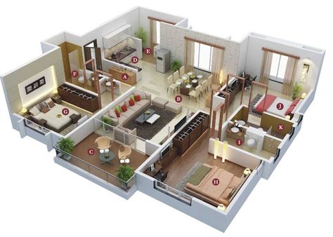 Flat Floor Plan, Three Bedroom House Plan, Modern House Floor Plans, 3d Floor Plan, 3d House Plans, House Plans Mansion, Affordable House Plans, Casa Country, House Plan Gallery