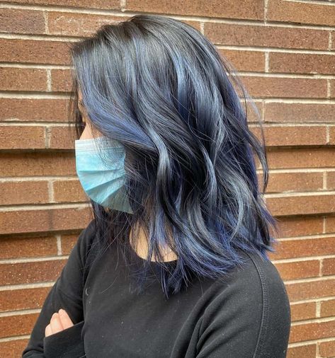 Top 30 Stylish Black & Blue Hair Ideas For Younger Women (2022 Updated) 2 Grey Hair With Blue Streaks, Navy Blue Hair Color Highlights, Dark Brown And Blue Hair, Denim Hair Color, Blue Hair Color Highlights, Black Blue Hair, Black And Blue Hair, Blue Hair Ideas, Blue Tips Hair