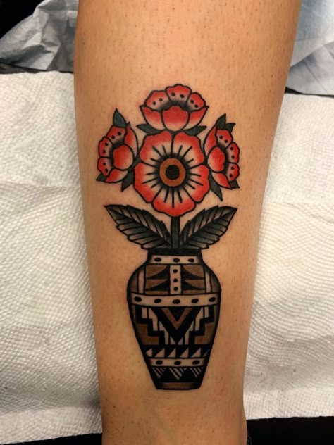 By Brandon Murphy @ Royal Tiger Tattoo - Austin Texas Trad Vase Tattoo, Traditional Flower Pot Tattoo, Flower Pot Tattoo, Old School Tattoo Sleeve, Neat Tattoos, Vase Tattoo, Bold Tattoo, Traditional Flowers, Traditional Vases