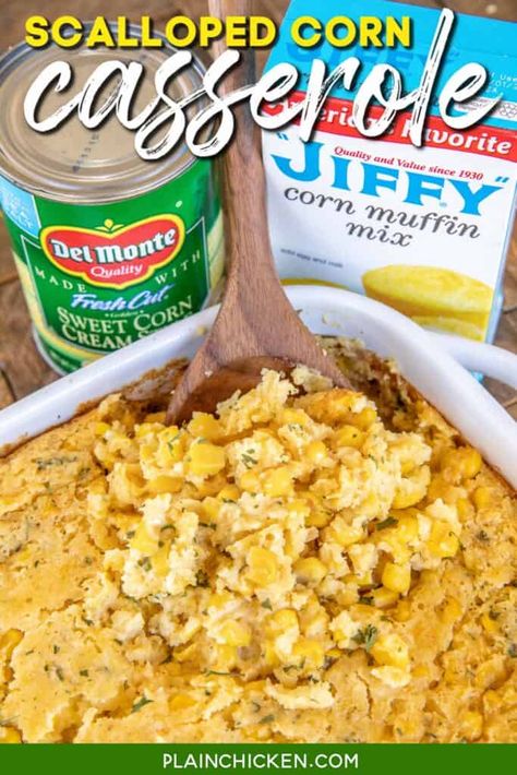 Corn Casserole Jiffy, Scalloped Corn Casserole, Jiffy Mix Recipes, Veggie Casseroles, Plain Chicken Recipe, Scalloped Corn, Cream Eggs, Jiffy Mix, Corn Casserole Recipe