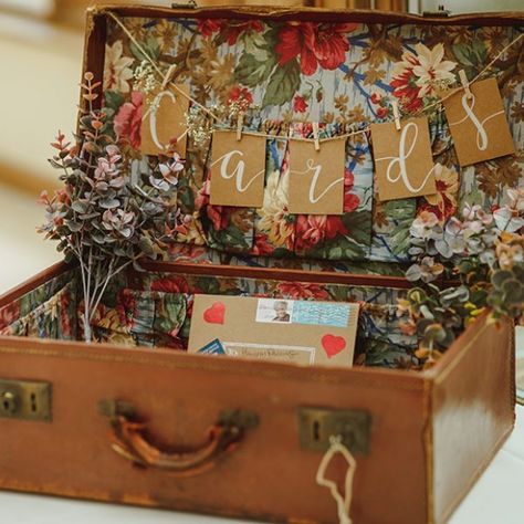 Wedding Card Suitcase, Suitcase Card Box, Vintage Suitcase Wedding, Woodland Themed Wedding, Suitcase Decor, Summer Wedding Ideas, Card Table Wedding, Wedding Card Holder, Vintage Suitcase