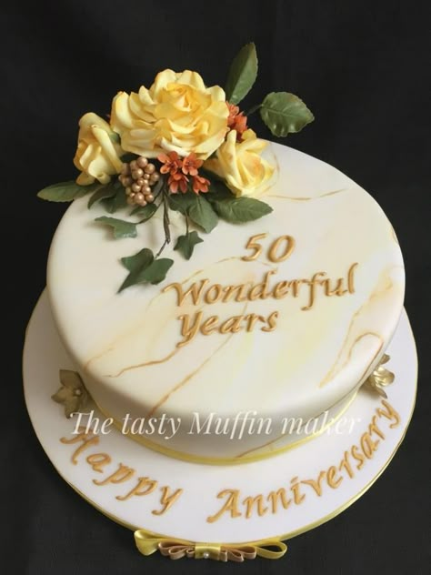 Golden Anniversary Rose cake by Andrea Golden Anniversary Cake Ideas, Golden Wedding Anniversary Cake Ideas, Golden Wedding Cakes 50th Anniversary, Golden Wedding Anniversary Cake Designs, Golden Anniversary Cake Simple, Golden Anniversary Cake, Golden Wedding Anniversary Cake, Golden Wedding Cake, Jubilee Cake