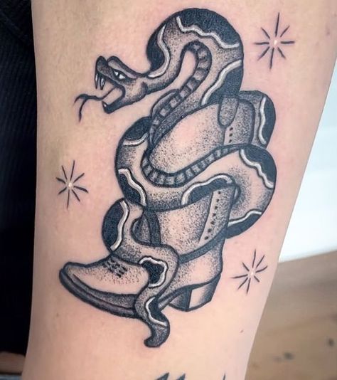 Snake In Boot Tattoo, Snake In My Boot Tattoo, Chalice Tattoo, Mama Tattoos, Boot Tattoo, Cowboy Hat Tattoo, Mama Tattoo, Snake Boots, Snake Tattoo