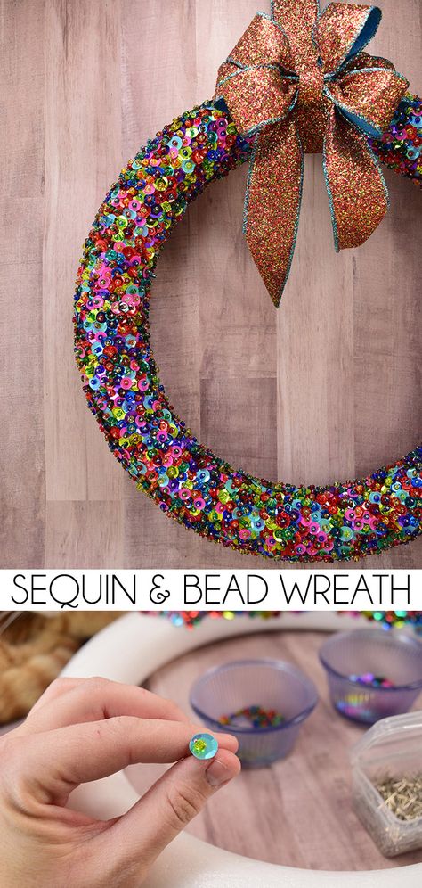 While a bit time consuming, this bead and sequin wreath is easy to make and absolutely stunning! Bead Wreath, Sequin Ornaments, Sequin Crafts, Wreath Forms, Clever Diy, Felt Ornaments, Xmas Crafts, Up Girl, Diy Wreath