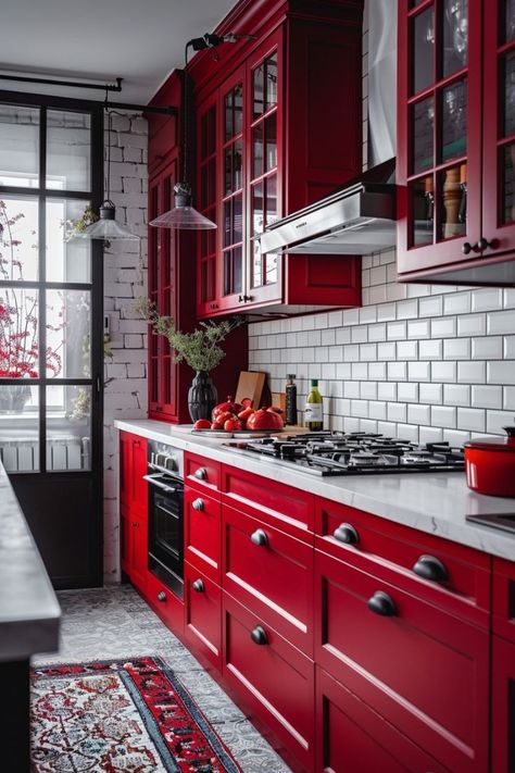 Red Kitchen Ideas, Red Kitchen Cabinets, Red Backsplash, Red And White Kitchen, Red Cabinets, Red Kitchen Decor, Future Inspiration, Modern Kitchen Ideas, Latest Kitchen Designs