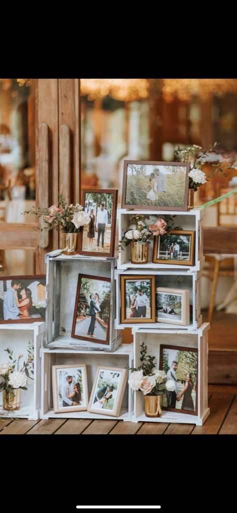 Picture Tables At Weddings, Shelf Wedding Decor, Photo Display For Wedding, Photo Timeline Display, Photography Table Display, Wedding Favor Table Display Ideas, Display Pictures At Wedding, Diy Wedding Centerpieces Rustic Country Table Decorations, Crates For Wedding Decor