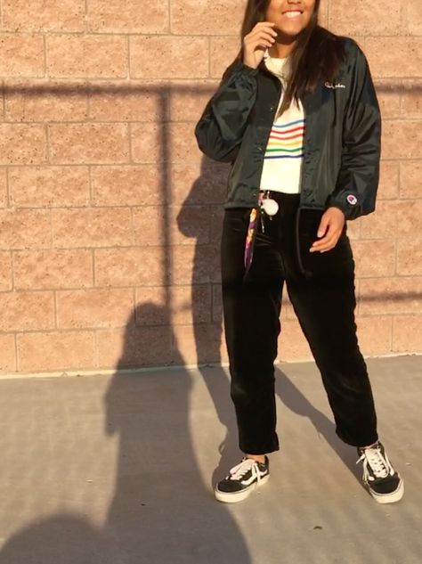 @joana_rilo// rainbow striped shirt from BM, champion windbreaker, thrifted black velvet mom jeans and old skool vans Alternative Mom Jeans Outfit, Black Faded Mom Jeans Outfit, 90s Style Black Hooded Windbreaker, Black Vans Crew Neck Top, 90s Black Windbreaker With Pockets, Rainbow Stripes, Black Velvet, Striped Shirt, I Got This