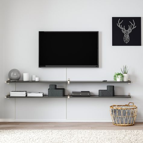 BERGSHULT / GRANHULT Wall shelf combination - dark gray, nickel plated - IKEA Ikea Bergshult, Long Wall Shelves, Shelf Under Tv, Tv Wall Shelves, Tv A Muro, Under Tv, Decor Salon, Tv Shelf, Decoration Furniture