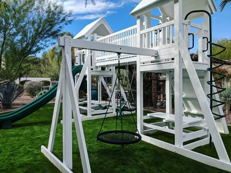 These luxury playsets are the funnest things to have in your backyard. They come with built-in water systems to keep it cool in the summer and are made from premium vinyl products. Diy Playground Backyard, Home Playground Ideas, Backyard Playground Ideas, Playground Ideas Backyard, Playground Idea, Playground Ideas For Kids, Home Playground, Backyard Play Spaces, Playground Backyard