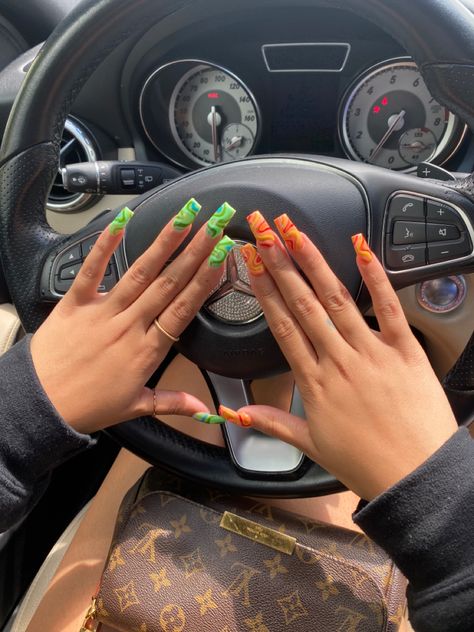 Orange Brown And Green Nails, Orange And Green Acrylic Nails, Orange And Green Nails Acrylic, Green And Orange Nail Designs, Orange And Green Nail Designs, Orange Green Nails, Orange And Yellow Nail Designs, Green Abstract Nails, Yellow And Orange Nails