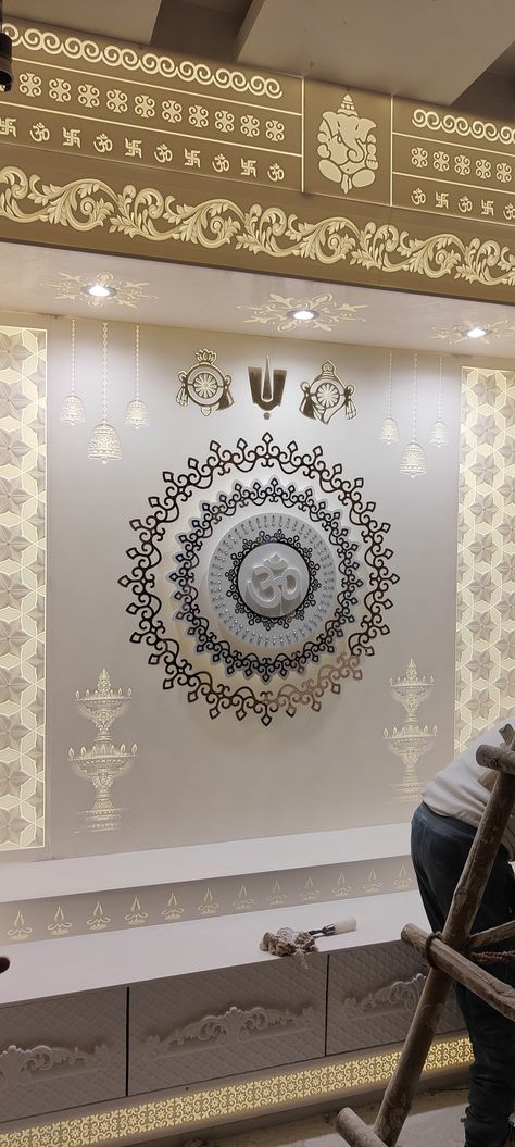 Puja Room Ceiling Design, Om Design For Mandir, Mandir Background, Corian Temple, Puja Unit, Pooja Door, Pooja Door Design, House Ceiling, Mandir Design