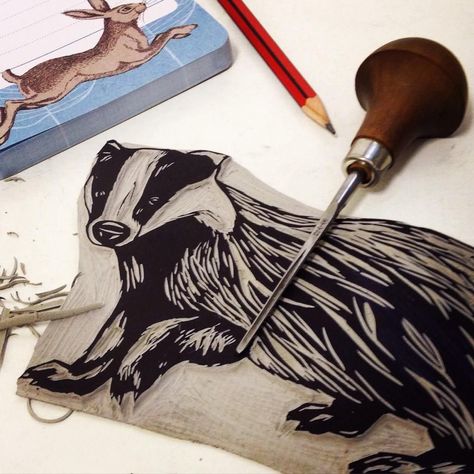 Badger Linocut, Lithography Printmaking, Print Lino, Linocut Design, Lino Cuts, Linoleum Print, Linocut Printmaking, Stamp Carving, Relief Printing