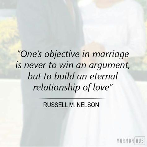 “Differences of opinion occur between husband and wife. But one’s objective in marriage is never to win an argument, but to build an eternal relationship of love.” From #PresNelson’s pinterest.com/pin/24066179230963800 inspiring message lds.org/broadcasts/article/worldwide-leadership-training/2012/01/the-doctrinal-importance-of-marriage-and-children. Learn more facebook.com/FamilyProclamation.  #home #family #marriage #relationships #husband #wife #communication #unity #love #sharegoodness Lds Marriage, Mormon Quotes, Uplifting Thoughts, Church Quotes, Inspiring Message, Strong Marriage, Saint Quotes, Leadership Training, Lds Quotes