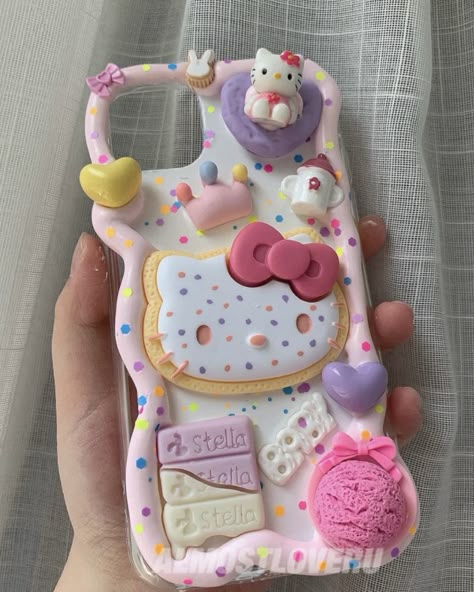 Hello Kitty Iphone Case, Decoden Phone Cases, Decoden Diy, Decoden Case, Diy Phone Case Design, Cream Glue, Bling Phone Cases, Decoden Phone Case, Handmade Phone Case