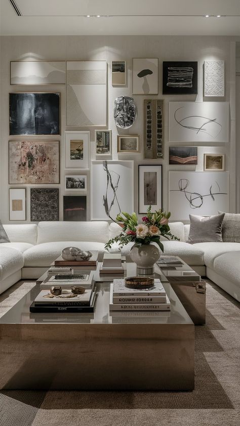 An image showcasing a gallery wall in a living room, offering inspiration and ideas for designing your blank walls with the best gallery wall concepts. Luxury Gallery Wall, Wall Accent Ideas, Contemporary Gallery Wall, Picture Wall Living Room, Gallery Wall Template, Photowall Ideas, Gallery Wall Design, Display Artwork, Gallery Wall Ideas