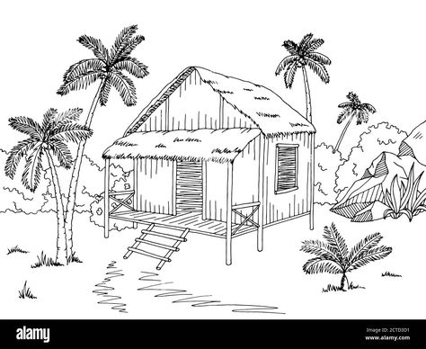 Hut Sketch, Jungle Hut, House Black And White, Hut House, Jungle House, House On Stilts, House Graphic, House Sketch, Three Little Pigs