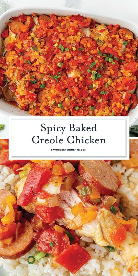 Creole Chicken baked in a spicy tomato-based Cajun sauce packed with fresh vegetables and plenty of spice. Serve over rice. Chicken Creole Recipe, Ground Turkey And Rice, Cajun Cooking Recipes, Different Chicken Recipes, Nola Recipes, Turkey And Rice, Creole Chicken, Cajun Rice, Chicken Lunch Recipes