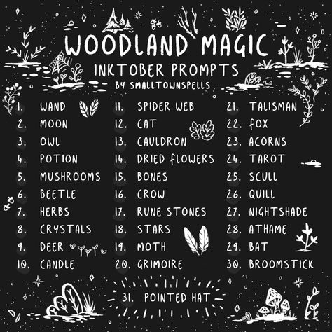 Inktober Alternative List 2024, Fall Art Prompts, Tattoo Drawing Prompts, Tattoo Prompt List, Whimsical Drawing Prompts, Nature Drawing Prompts, Monthly Art Prompts, October Art Prompts, Inktober Prompts 2024