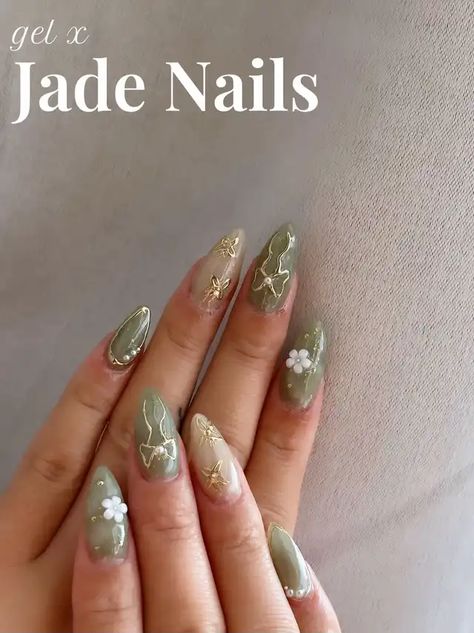 Lemon8 · jade nails💚🤍 · @AUD Pretty Green Nail Designs, Jade Green Acrylic Nails, Green And Yellow Nails Design, Prom Nails For Green Dress, Simple Nails Green, Nails With Green Dress, Light Green Nails Designs, Jade Nails Acrylic, Green Nails Simple