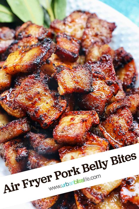 Air Fryer Pork Belly Bites are easy to make and fast: they cook in less than 30 minutes! Perfect for pork belly ramen, pork belly rice bowls, pork belly salad, or as an appetizer on its own. Recipe at UrbanBlissLife.com. Pork Belly Recipes Easy, Air Fryer Pork Belly, Pork Belly Bites, Air Fryer Recipes Pork, Pork Belly Recipes Crispy, Fried Pork Belly, Air Fryer Pork, Pork Belly Slices, Pork Belly Recipes