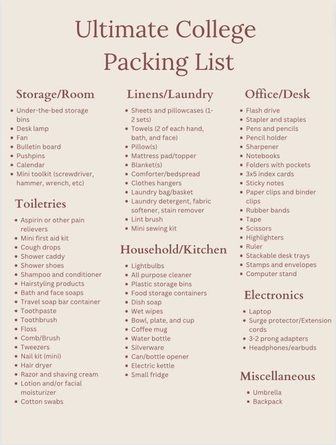 Dorm Toiletries List, List Of Things To Bring To College, Things To Take To University, Things To Pack For College, First Year University Packing List, What I Need For College, Ultimate College Packing List, Things To Save Up For List, First Year College Packing List