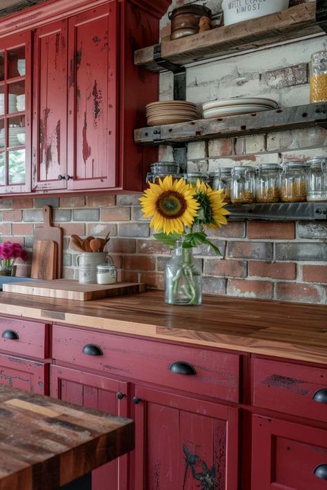 Looking for Red Kitchen Ideas? Explore 32 options that range from the most daring shades to mild, elegant touches. Red Brown Cabinets Kitchen, Red Wallpaper Kitchen, Farmhouse Red Kitchen, Red Cabinets Kitchen Farmhouse Style, Red Kitchen Cabinets Farmhouse, Red Kitchen Cupboards, Black White Red Kitchen, Red Kitchen Cabinets Rustic, Farm Kitchen Backsplash