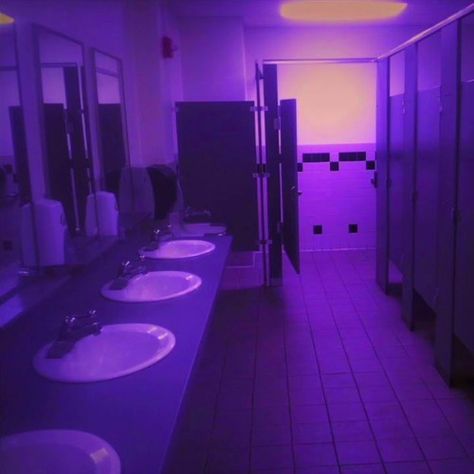 Club Bathroom Aesthetic Grunge, Nightclub Bathroom Aesthetic, Purple Liminal Space, Liminal Bathroom, Purple Club Aesthetic, Public Bathroom Aesthetic, Bar Bathroom Aesthetic, Club Restroom, Party Bathroom Aesthetic