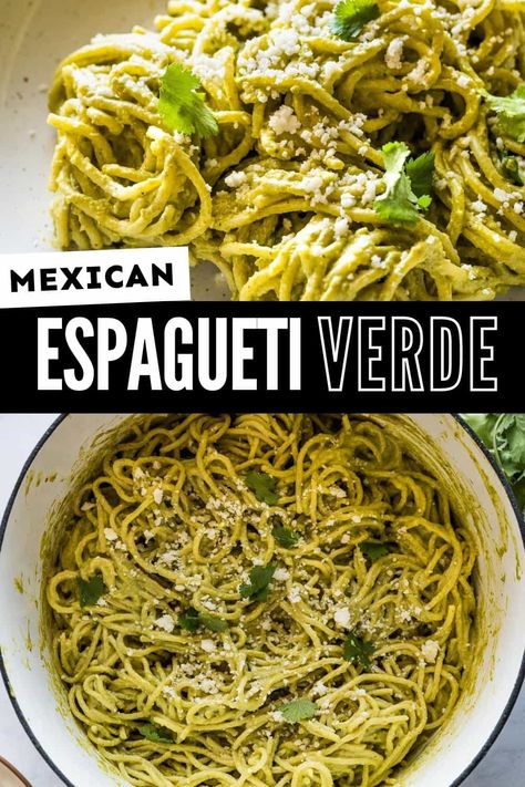 Green Spaghetti Recipe, Spaghetti Verde, Comfort Drinks, Poblano Recipes, Poblano Peppers Recipes, Spicy Spaghetti, Poblano Sauce, Isabel Eats, Mexican Pasta