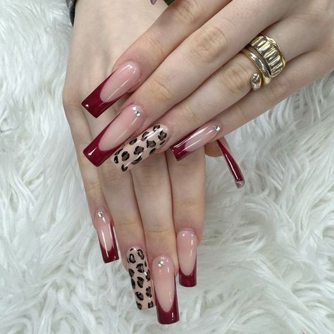 Red Nails Cheetah Print, Dark Red Leopard Print Nails, Cheetah Print Red Nails, Red Nails With Cheetah Print, Red And Cheetah Print Nails, Red Nails With Leopard Print, Red Lepord Print Nail, Cheetah Nails With Red, Leopard Red Nails