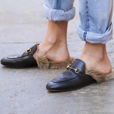 The Easiest Way to Transition Your Wardrobe Into Fall? Backless Loafer | Allure.com Gucci Slip Ons, Gucci Princetown Slipper, Gucci Slipper, Fur Loafers, Gucci Princetown, Fur Mules, Most Popular Shoes, Backless Loafers, Street Style Shoes