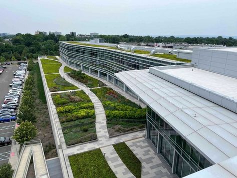 New photography for LG HQ - Englewood Cliffs, NJ is looking great 4 years later! 
250,000+ SF of Hydrotech Protected Membrane Roofing was chosen to keep critical spaces watertight while supporting extensive/intensive green roofs & amenity space. Ballasted PV panels were also installed atop white-coated Hydroguard® lightweight interlocking panels adjacent to 2 acres of extensive Garden Roof® Assemblies. An amazing mix of finishes/functions allow tenants to enjoy meaningful outdoor respite. Amenity Space, Garden Roof, Project Photography, Roof Waterproofing, Stormwater Management, Membrane Roof, Green Roofs, Pv Panels, Blue Roof