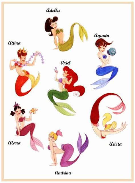 Ariel, Adella, Aquata, Arista, Andrina, Alana, Attina Ariels Sisters, Disney Amor, Character Design Cartoon, Animation Disney, Ariel Disney, Part Of Your World, Disney Fairies, Disney Ariel, I Love Disney